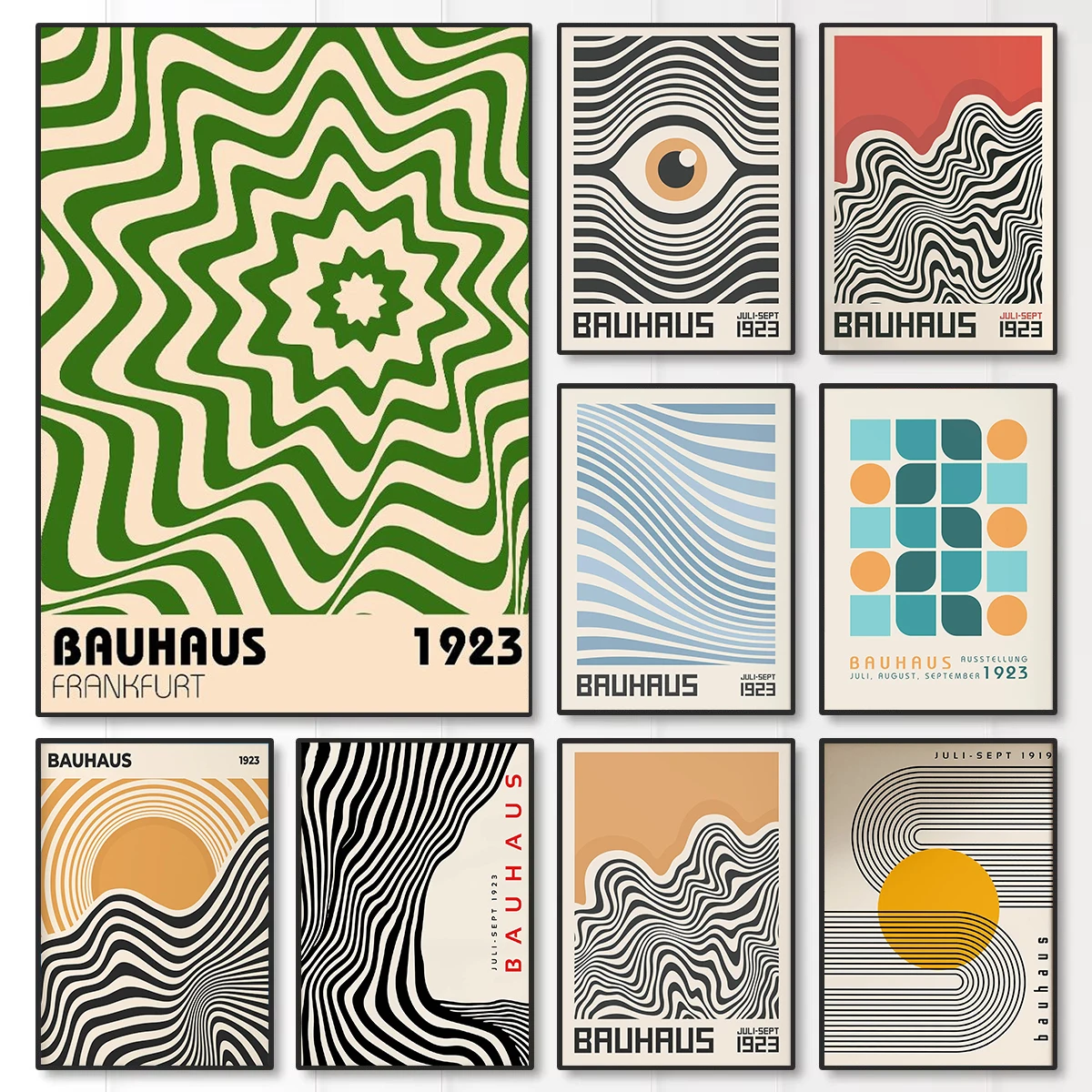 Grüne Bauhaus-geometrische Leinwanddrucke, Bauhaus-Augen-Wandkunst-Poster aus der Mitte des Jahrhunderts für moderne Wohnzimmer-Schlafzimmer- und Heimdekoration