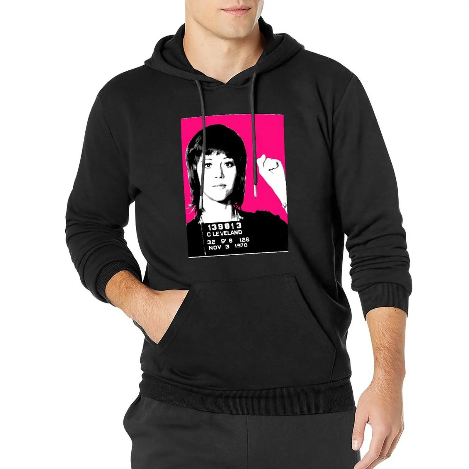 

Jane Fonda Mug Shot - Pink Pullover Hoodie mens clothing autumn jacket men men's hoodie sweatshirt