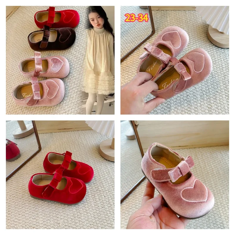 Girls' Heart Pattern Flat Shoes Ages 1‑16 Velvet Bow Toddler Heart Pumps Children's Baby Princess Footwear Kids Mary Jane Shoes