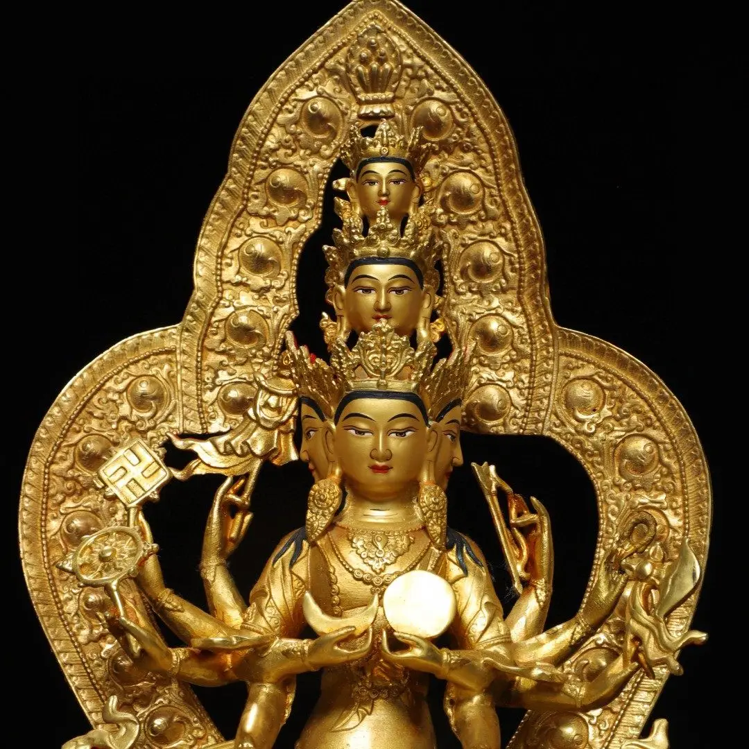 Nepal Tibetan Thousand Arms Kwan Yin Statue Pure Copper Gold Gilt Home Altar Figurine Handmade