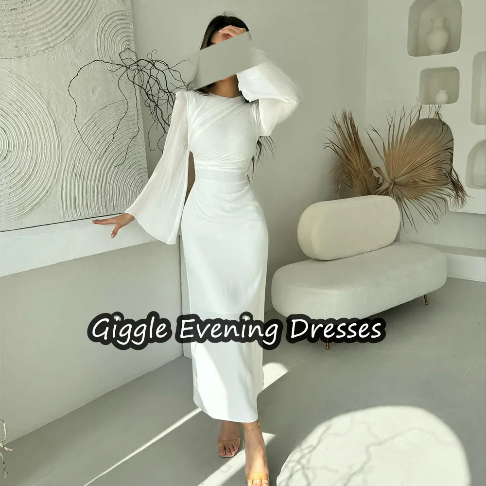 Giggle Chiffon Sheath O-neck Long Sleeves Simple Prom Gown Saudi Arab Ankle Length Elegance Evening Party Dresses for Women 2024