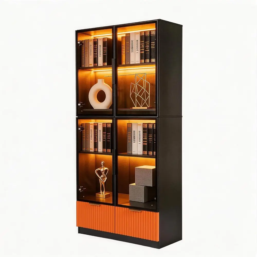 lack Display Cainet, 67-Inch High ookca, Multi-Colored LED Amient Lighting, 4-Tier LarStoraSpace, 2 LarOranDers, Transparent Tem