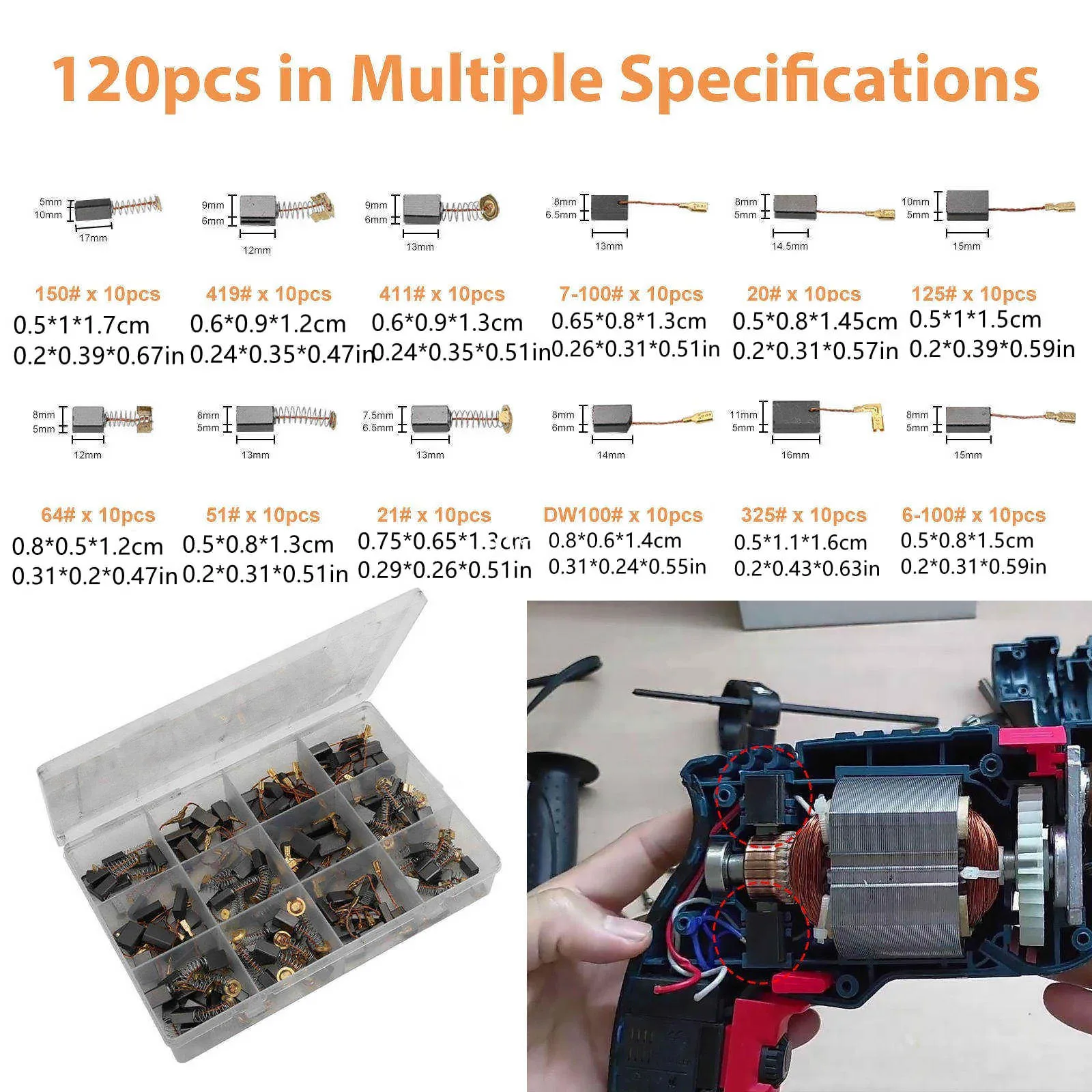 120pcs Carbon Brushes Kit with Oxygen-Free Copper & Anti-Slip, Durable for Power Tools, w/ Storage Box