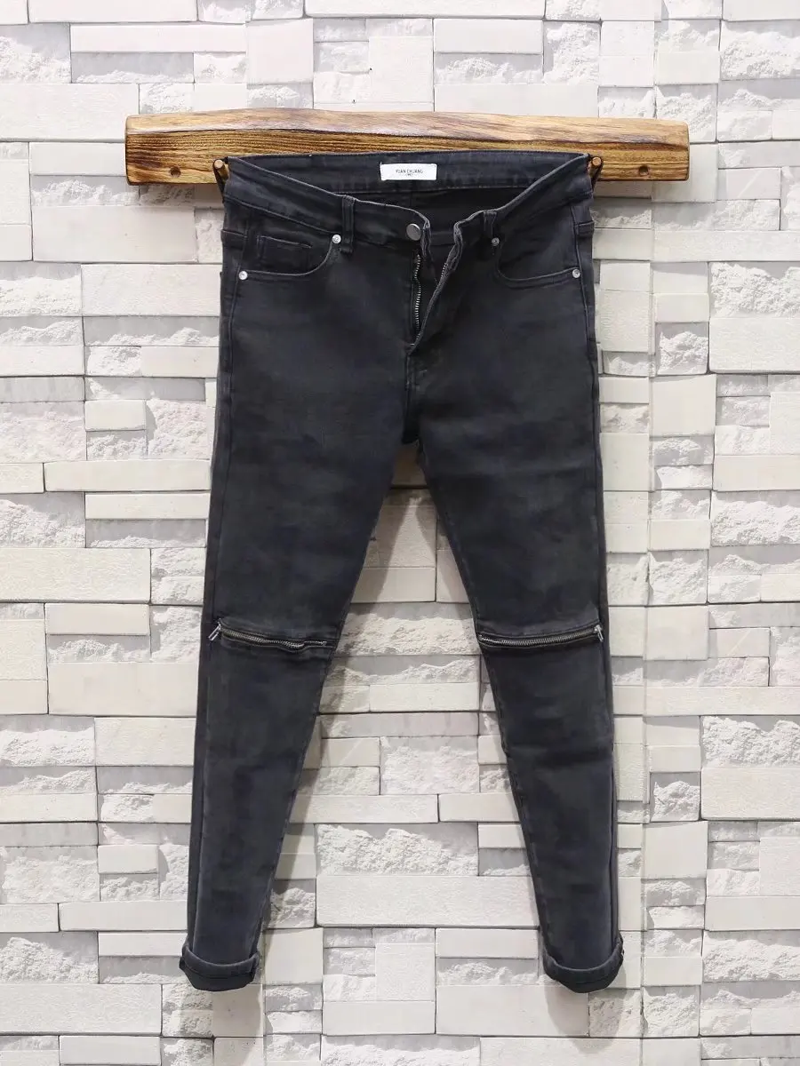 2022 Knee Zipper Black Distressed Jeans Man's Korean Simple Versatile Elastic Slim Denim Jeans Designer Jeans for Men