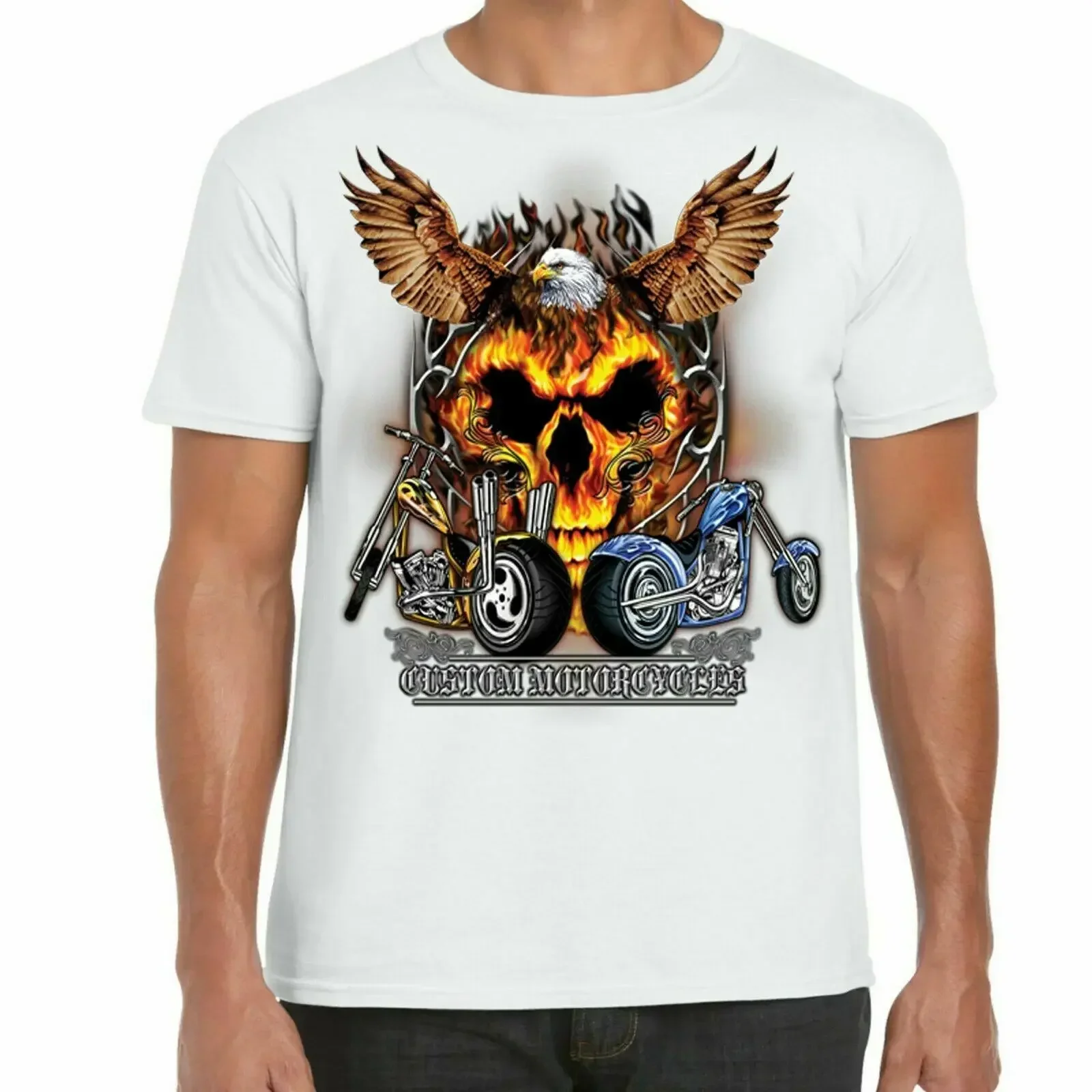 Eagle Flame Skull Motorcycle Motorbike Chopper Bobber Motorcyclist T Shirt. Short Sleeve 100% Cotton Casual T-shirts Loose Top