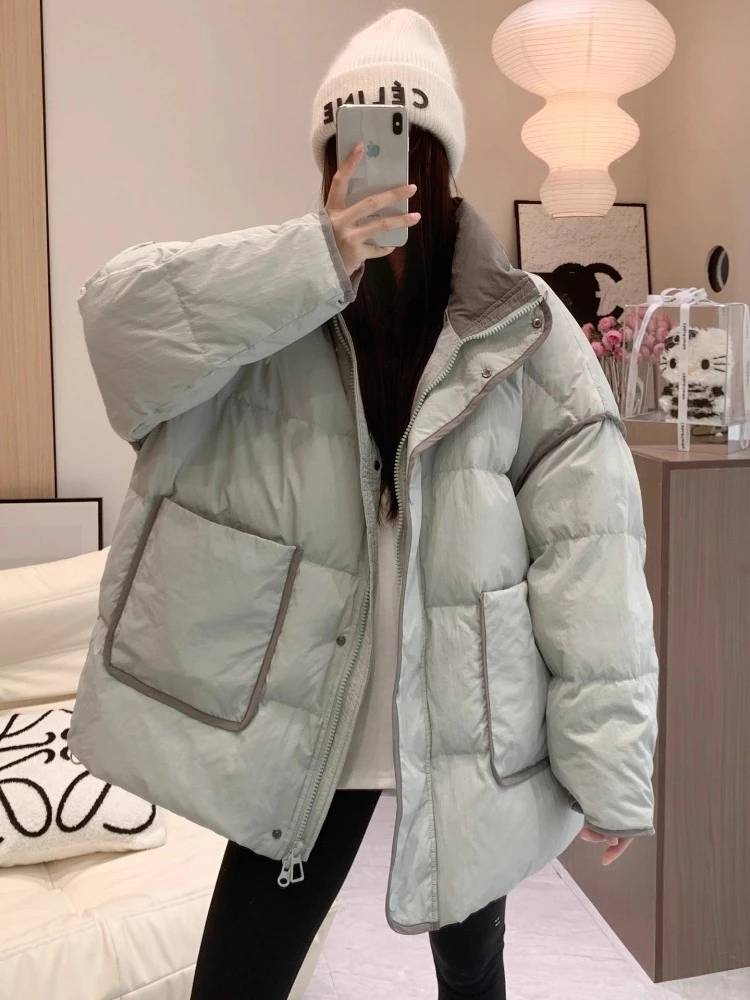 90%ダックダウンジャケット 韓国風 ルーズカラー ミドル丈コート 2025年冬新作 レディース スノーコート 厚手 暖かい アウター 女性用パーカー ブレッドスーツ