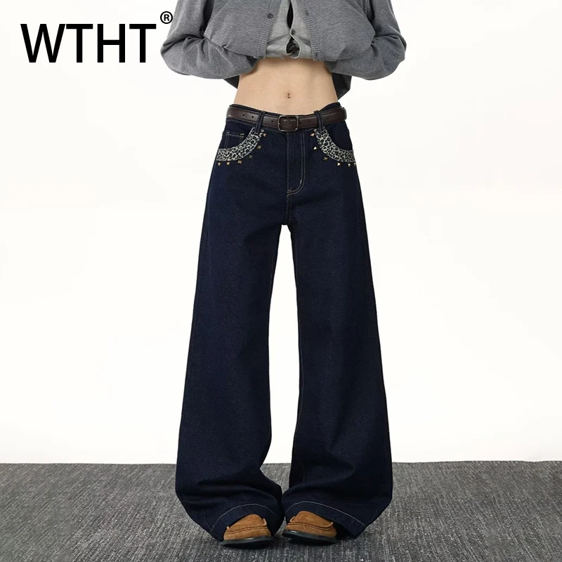 WTHT Vintage Men's Splcied Leopard Print Design Denim Pants Fashion American Style Straight Casual Jeans Male 2025 Autumn 2A2364