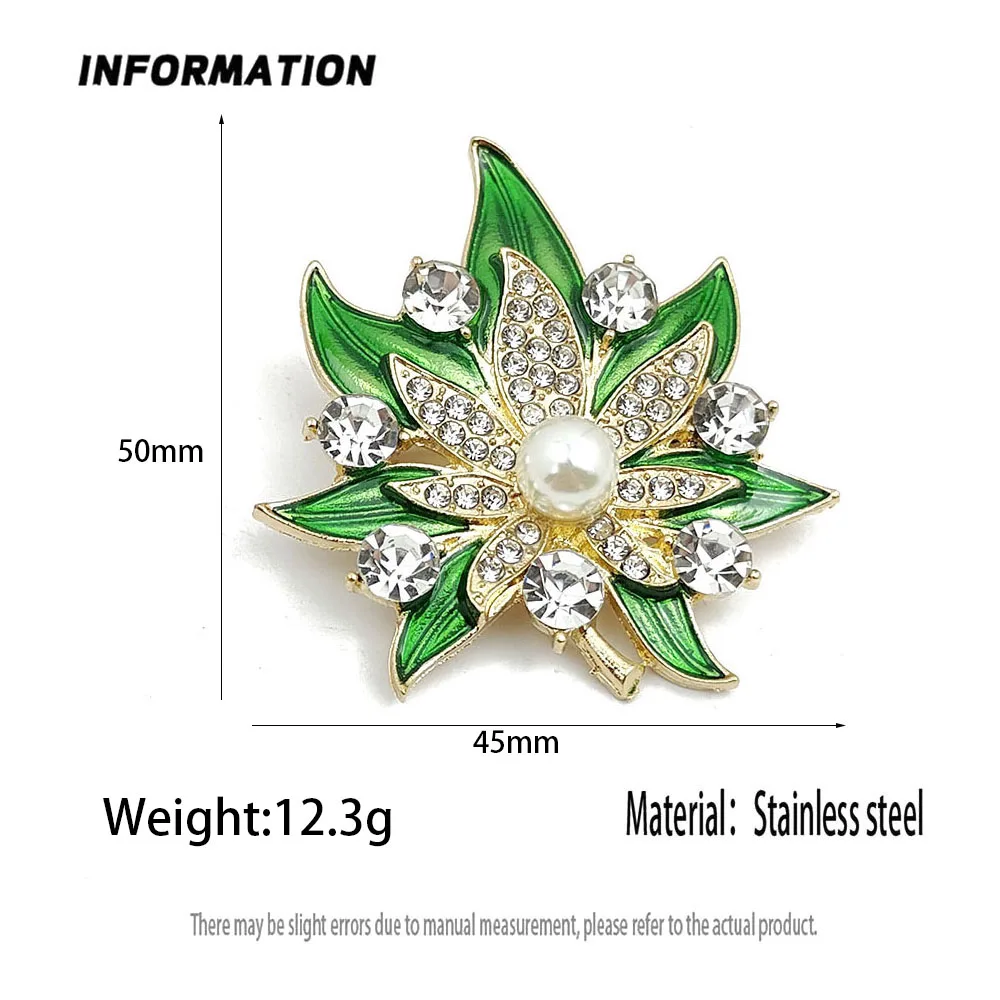Luxury Shiny Crystal Maple Leaf Brooches for Women Pearl Plants Badges Lapel Safety Fixing Pin Girl Clothing Jewelry Decoration