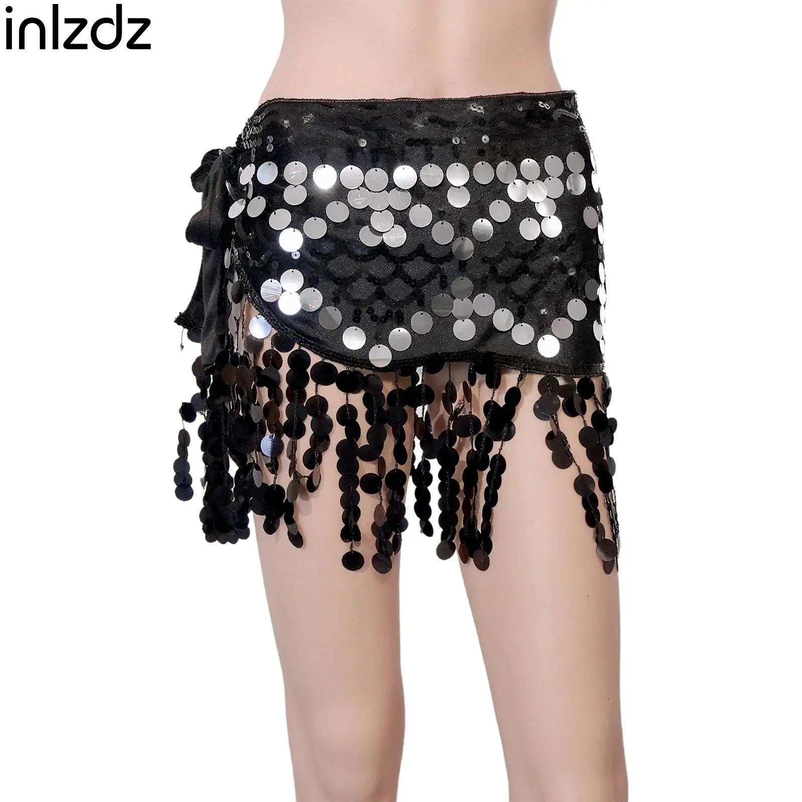 

Womens Belly Dancewear Adult Belly Dance Hip Scarf Round Sequin Tassel Lace-up Waist Skirt Hip Wrap Dance Class Performance Wear