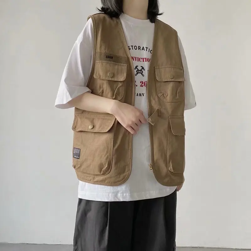 Japanese Style V-Neck Multi-Pocket Casual Denim Vest Women Summer Thin Loose Outerwear Workwear Vest Loose Fit Cotton Blend