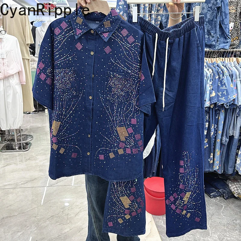 

Fashionable Women Denim Sets New Spring Summer Hot Diamonds Loose Short Sleeve Cardigans Shirt + Elastic Waist Straight Jeans