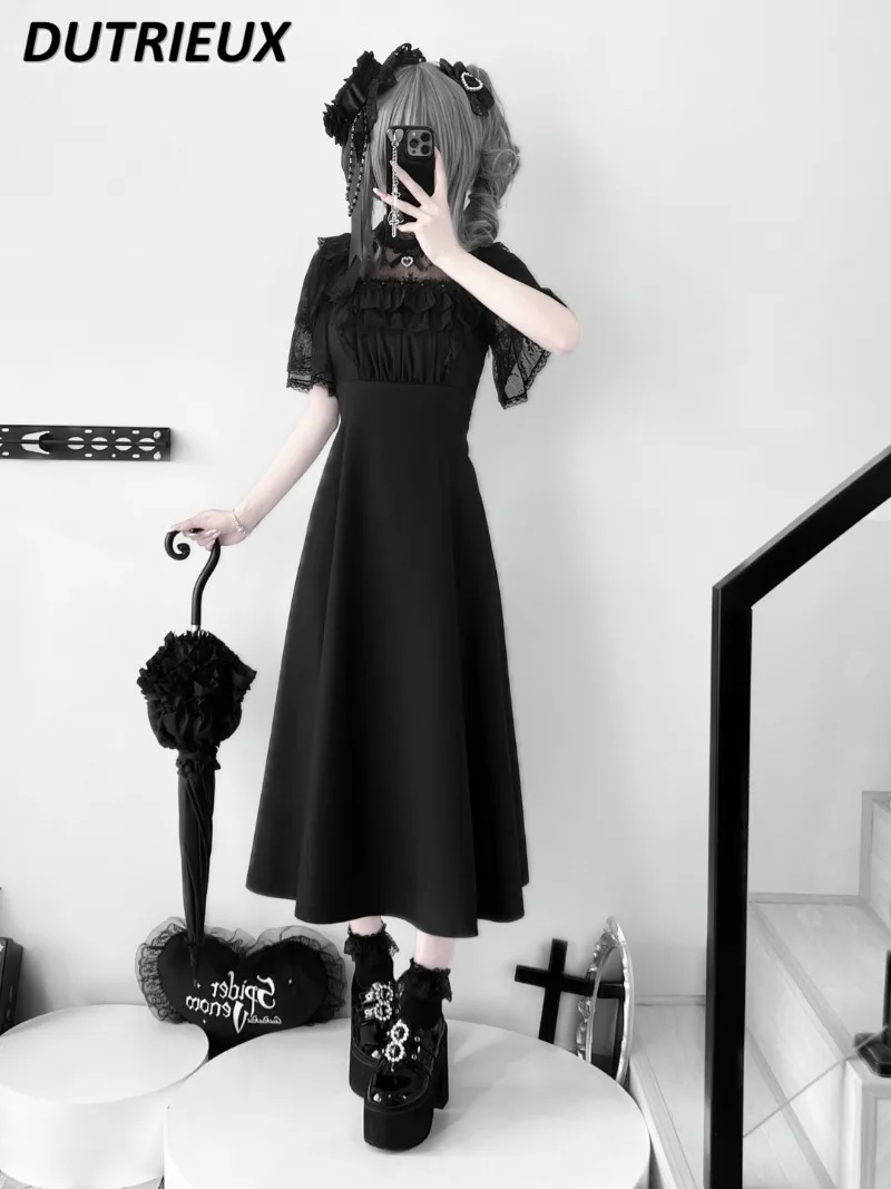 Oryginalne, masowo produkowane, dopasowane spodnie z krótkim rękawem, koronkowe, perłowe, ze stójką, słodkie dziewczęce sukienki w jednolitym kolorze