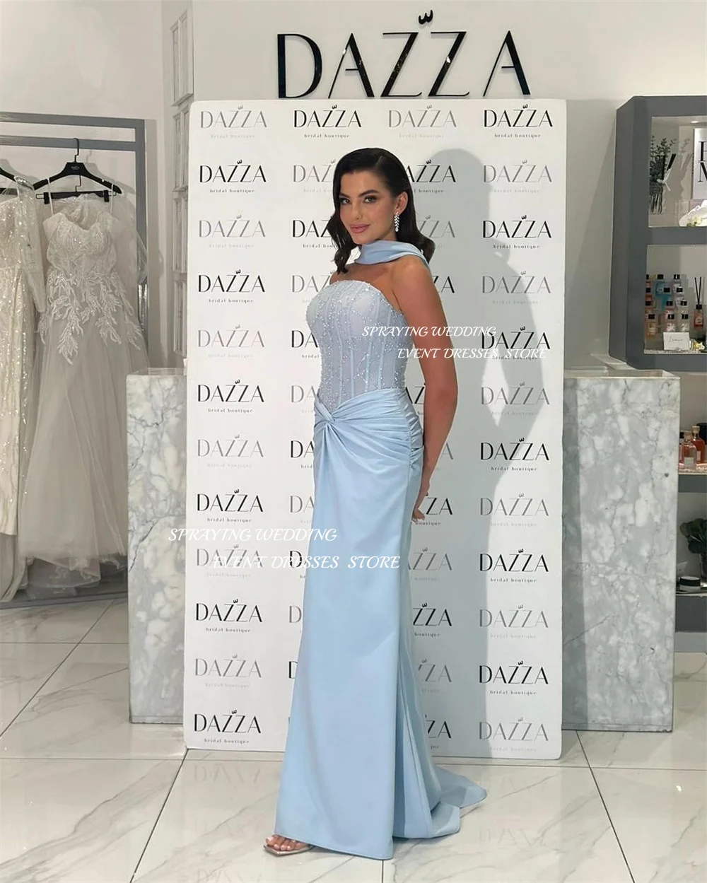 SPRAYING – robe de soirée en dentelle scintillante bleue, robe de soirée Sexy sans bretelles pour femmes, robe longue sirène, personnalisée