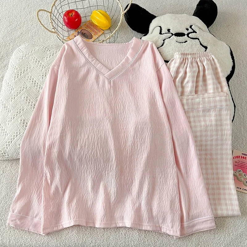 

2026 Spring/Autumn New Simple Solid Colour Women Pyjama Set Casual V-Neck Pullover and Checked Long Pant Two-Piece Set Homewear