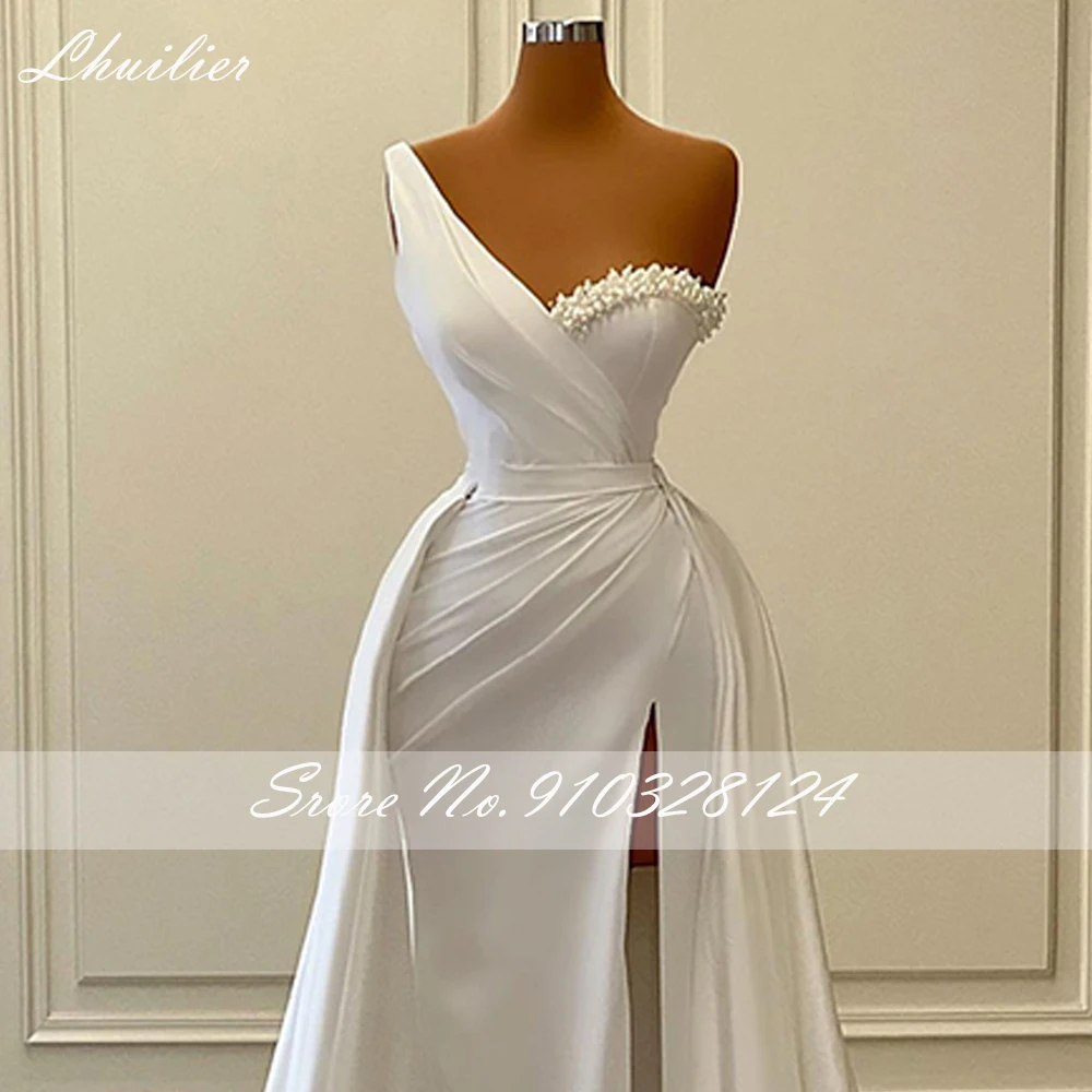 Lhuillier Mermaid Satin Wedding Dresses Sleeveless Pearls Beaded One Shoulder High Split Bridal Dress with Detachable Train