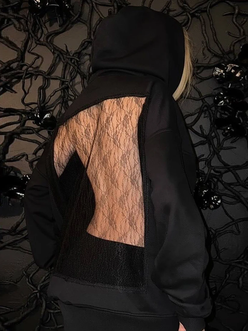 مثير الدانتيل لصق بال هوديي المرأة فضفاضة رداء علوي غير رسمي العصرية البوليستر مزيج طويل Sve مقنعين البلوز للشابات