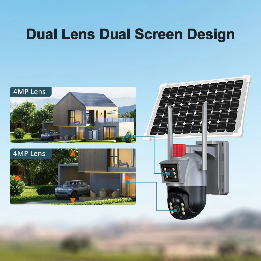 4K 8MP WiFi Solar Camera Outdoor Home Security Camera Dual Lens Security Protection PTZ Video Surveillance Smart CCTV Video Cam