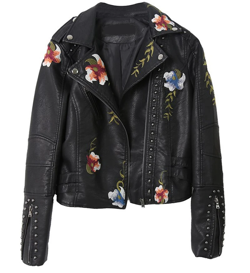 Spring Autumn Flowers Embroidery PU Leather Jacket Women Slim Turn-Down Collar Outerwear Zipper Motorcycle Coats Tops