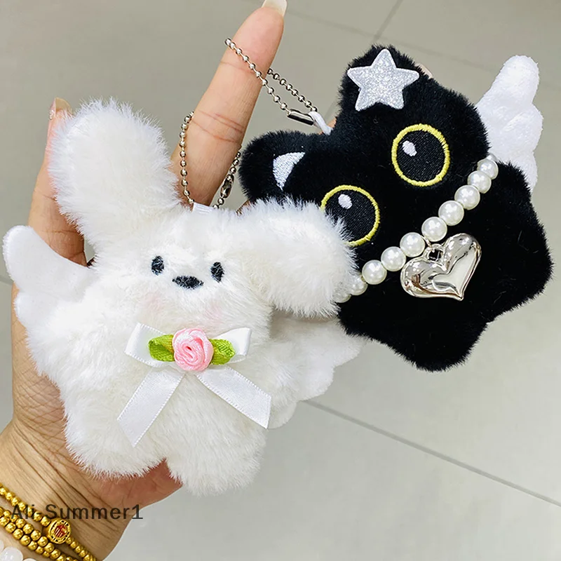 【E】Cute Angel Little Black Cat Little Milk Dog Plush Doll Pendant Backpack Hangings Decoration