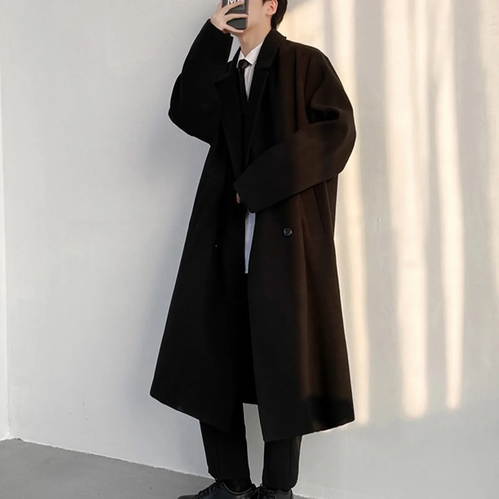 Korean Style Men'S Coat Men'S Medium Length Loose Woolen Coat Korean Drama Male Lead Wearing Solid Color Wool Coat For Men