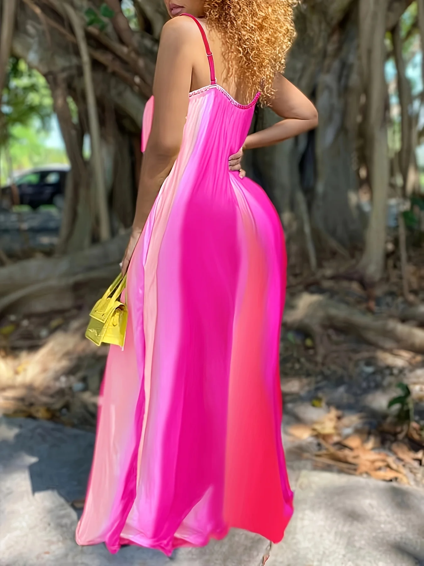 Europäisch-amerikanisches, langärmliges Camisole-Kleid im Farbverlauf, V-Ausschnitt, ärmellos, locker und elegant, Strandkleid für den Urlaub – Detail 4