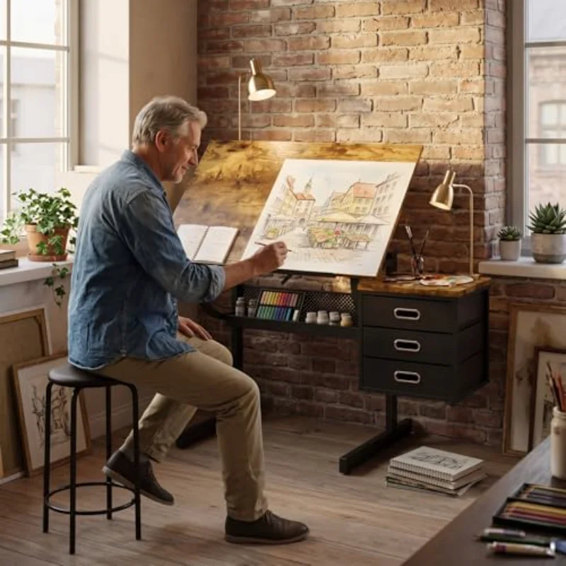 Adjustable Drafting Table Desk with Stool – Multi-Functional Art Desk for Adults, Drawing & Painting Table, Artist Desk