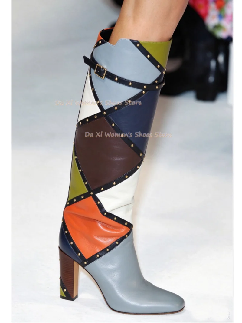 Color-Blocking Diamond Pattern Splicing Knee-high Boots Round Head Chunky High Heels Rivet Decorate Vintage-Style Winter Boots