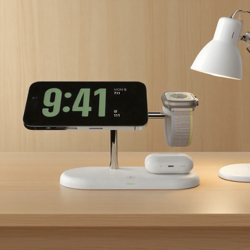 3-in-1 Magnetisches Kabelloses Ladegerät, 15W Qi Schnell-Ladestation mit LED-Nachtlicht, Kompatibel mit iPhone 17/16/15