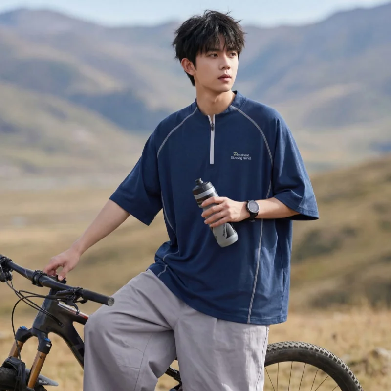 

Outdoor Sports Letter Contrast Print Short-Sleeved T-Shirt for Men Summer Half-Zip Stand Collar T-Shirt Top Breathable