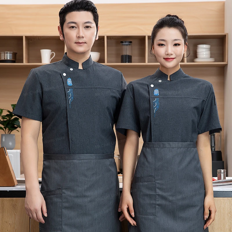 zwarte heren koksjas met korte mouwen keuken chef-kok jas ademend mesh chef-kok uniform met schort restaurant werkkleding op maat