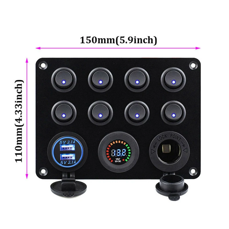 8 Gang Marine Boat LED Circuit Breaker Toggle Switch Panel With Digital Voltmeter Dual USB Port For Car Boat RV Truck