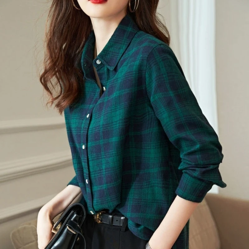 Women\'s Shirt New Spring Autumn Long Sleeve Single-breasted Polo-neck Casual Printing Plaid Office Lady Elegant Fashion Cardigan