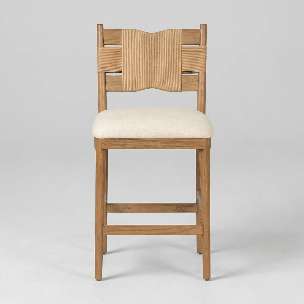 High Quality Contemporary Counter Stool with Paper Rope Backrest Solid Ash Wood High Stool