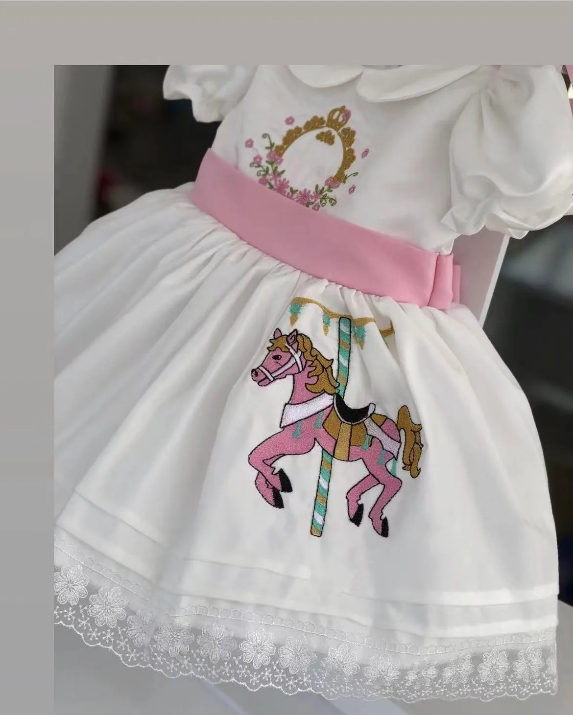 0-12Y Baby Girl Summer Carousel Embroidery Turkish Vintage Princess Ball Gown White Dress for Birthday Holiday Easter Eid