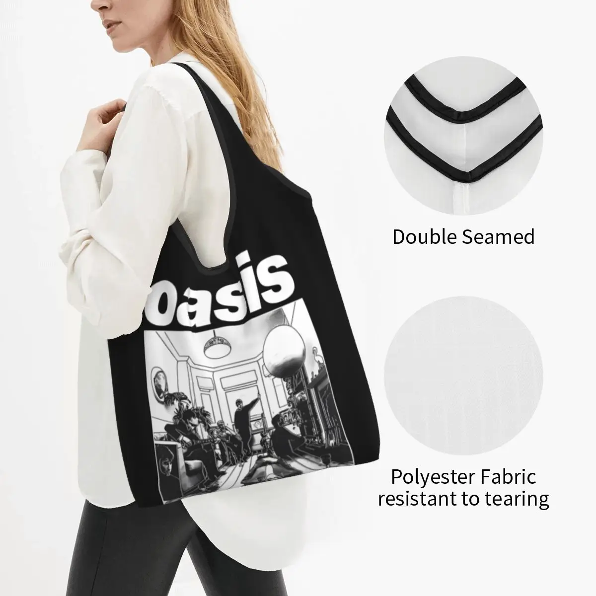 Definitely Maybe Rock Band Grocery Bag Large Reusable Recycle Foldable Heavy Duty O-Oasis Shopping Eco Bag Washable Lightweight