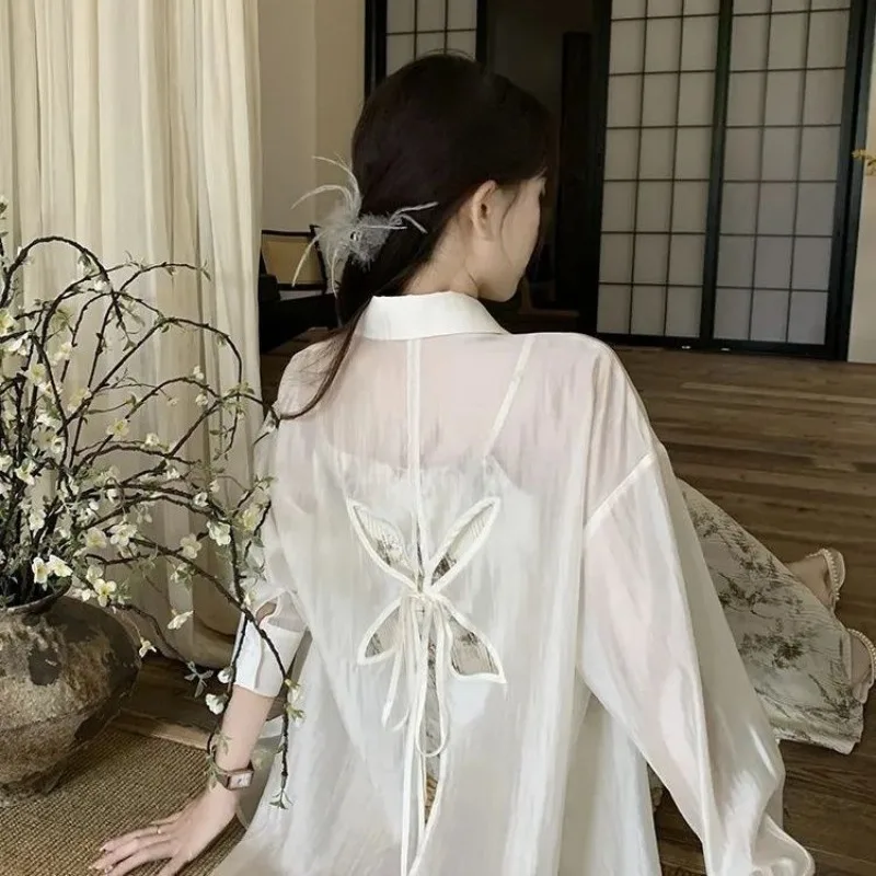 2026 Summer Female Back Hollow Lace Up Shirt Women's Thin Cut Sun Protection Shirt, Jacket, Loose Top Sun Protection Clothing view 5