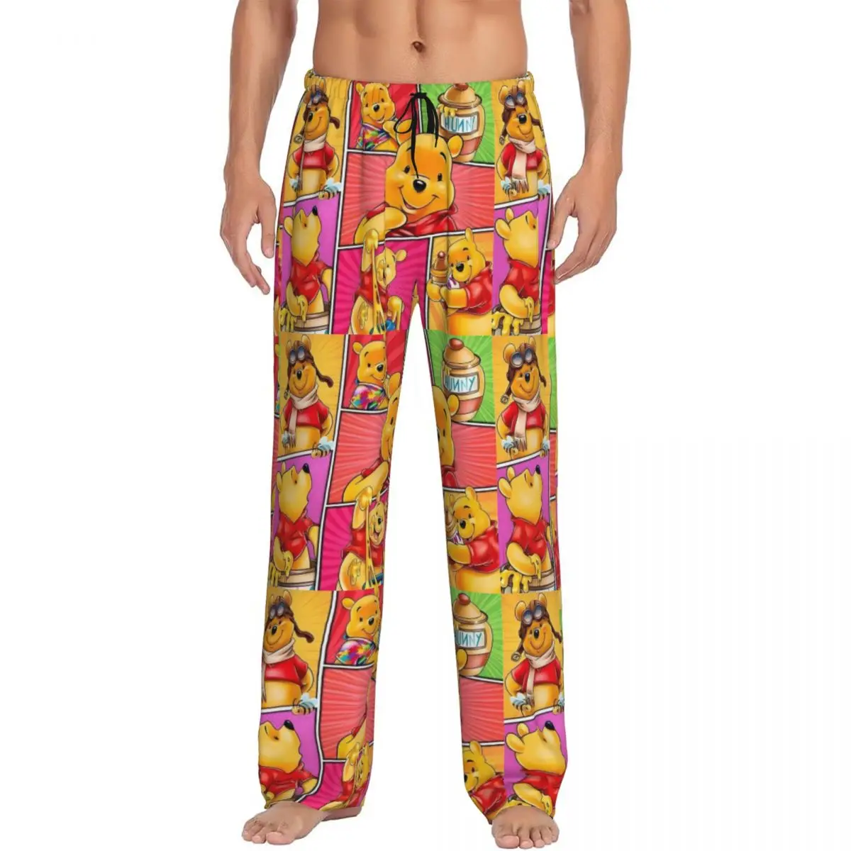 Custom Winnie The Pooh Pattern Pajama Pants Sleepwear for Men Elastic Waistband Cute Cartoon Sleep Lounge Bottoms with Pockets