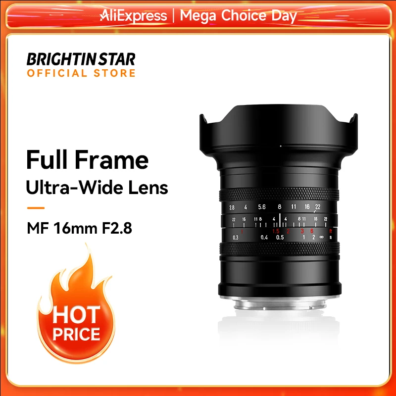 عدسة كاميرا Brightin Star 16mm F2.8 بإطار كامل وزاوية واسعة للغاية وتركيز يدوي بدون مرآة