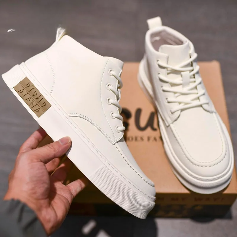 

Модные мужские повседневные кожаные ботинки-хайтопы весна 2025 в корейском стиле, износостойкие, с круглым носком, на плоской подошве