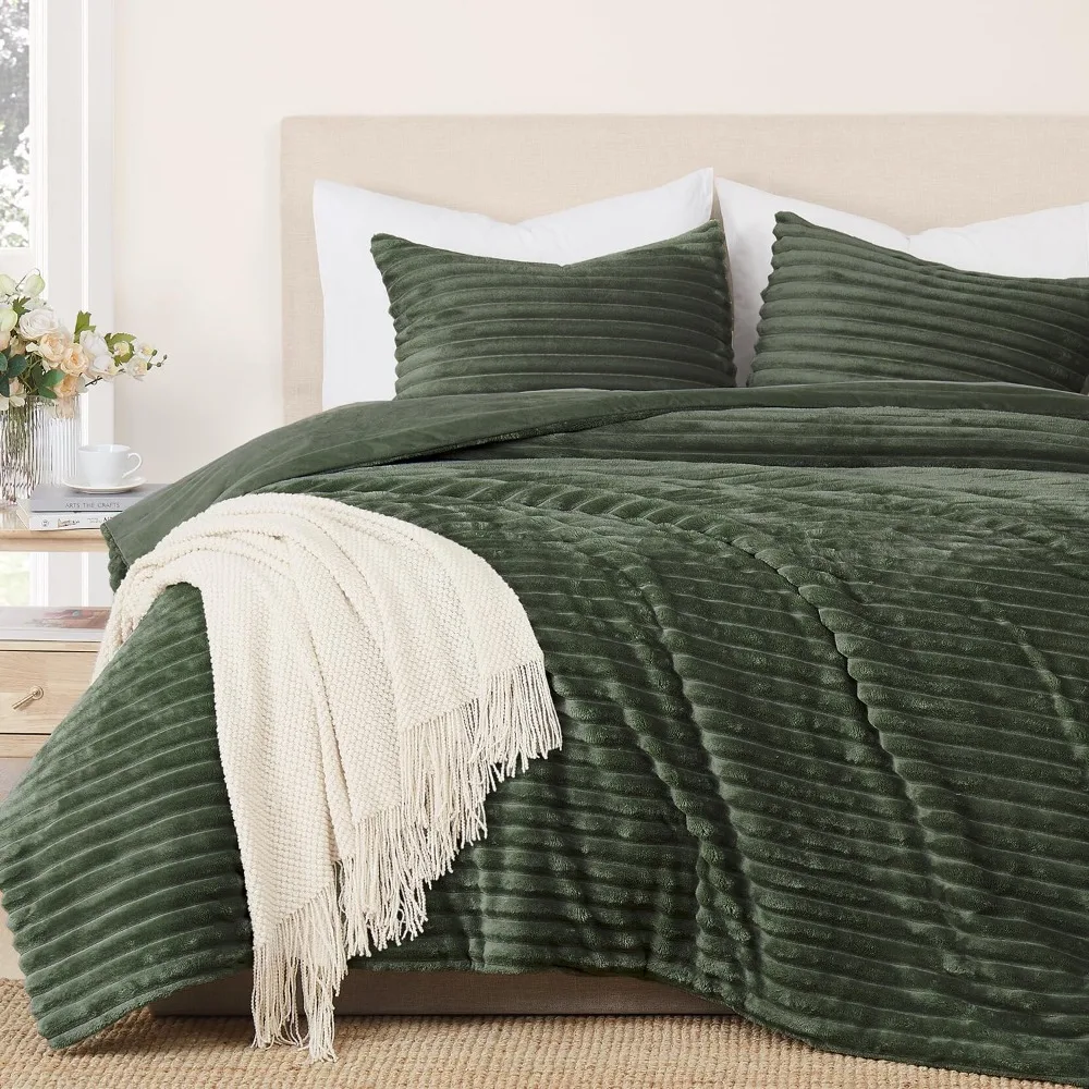 Queen Comforter Set Olive Green, Ultra-Soft Microplush Fleece Queen Bedding Sets, Reversible 3-Piece Comforter Set