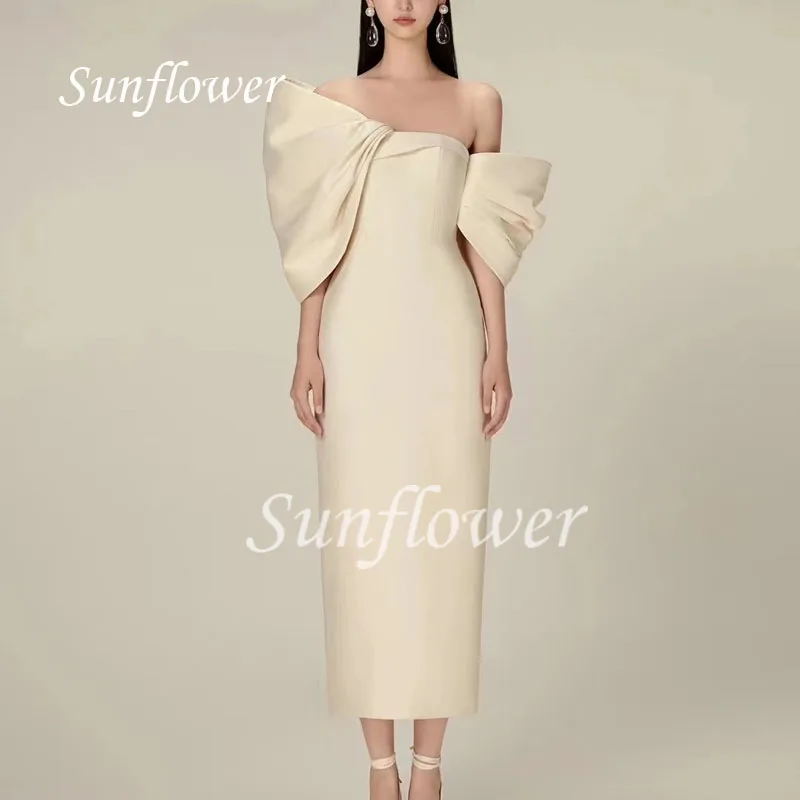 Sunflower Sexy Strapless Bow Tea-Length Satin Evening Dress 2023 Contrast Color Three Quarter Sleeve Mermaid High-end Customed