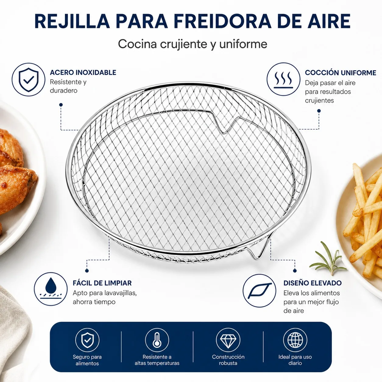 Grille de cuisson en acier inoxydable pour friteuse à air 20,5x20,5x4,5 cm, support rond en maille surélevé pour une cuisson uniforme, panier durable pour cuisson à la vapeur et barbecue pour four et cuisine