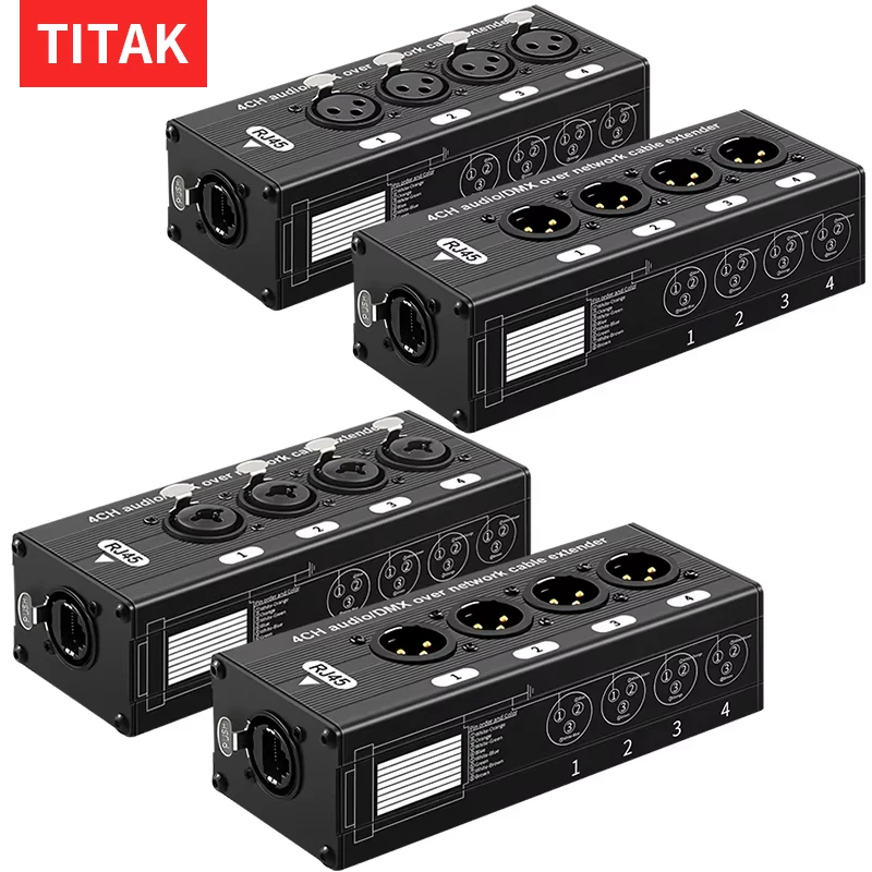 RJ45 to 4 Channel 3Pin XLR Audio Extender DMX512 Network Signal Extender for Stage Sound and Lighting Recording Studio