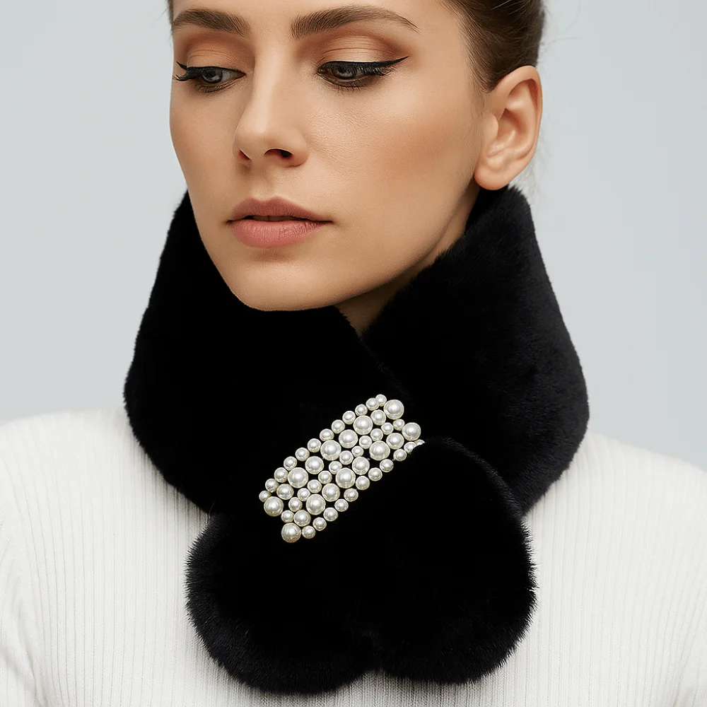 

Korean Thickened Pearl Plush Scarf Soft Cross Warm Winter Scarf Faux Rabbit Fur Korean Style Scarf Women Girls
