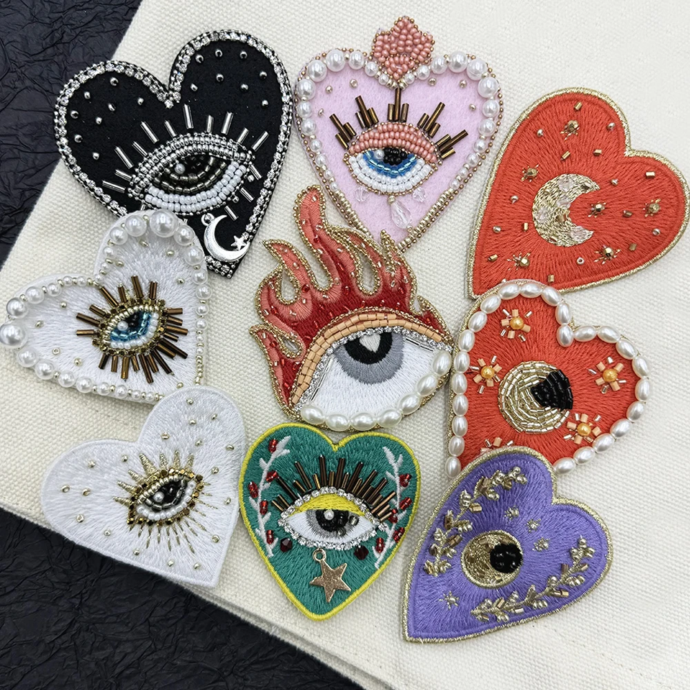 Handmade Fashion beaded embroidered eyes Patches Sew-On for Clothes dress rhinestone colorful heart Appliques Decoration Badge