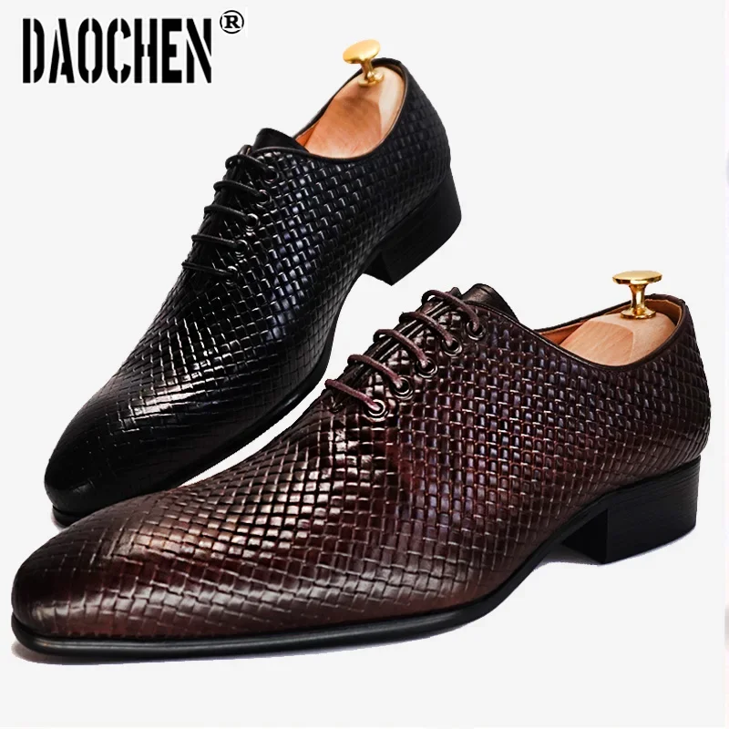 Elegant Men Oxford Shoes Lace Up Pointed Toe Black Brown Formal Shoes Office Business Wedding Mens Dress Leather Shoes Men