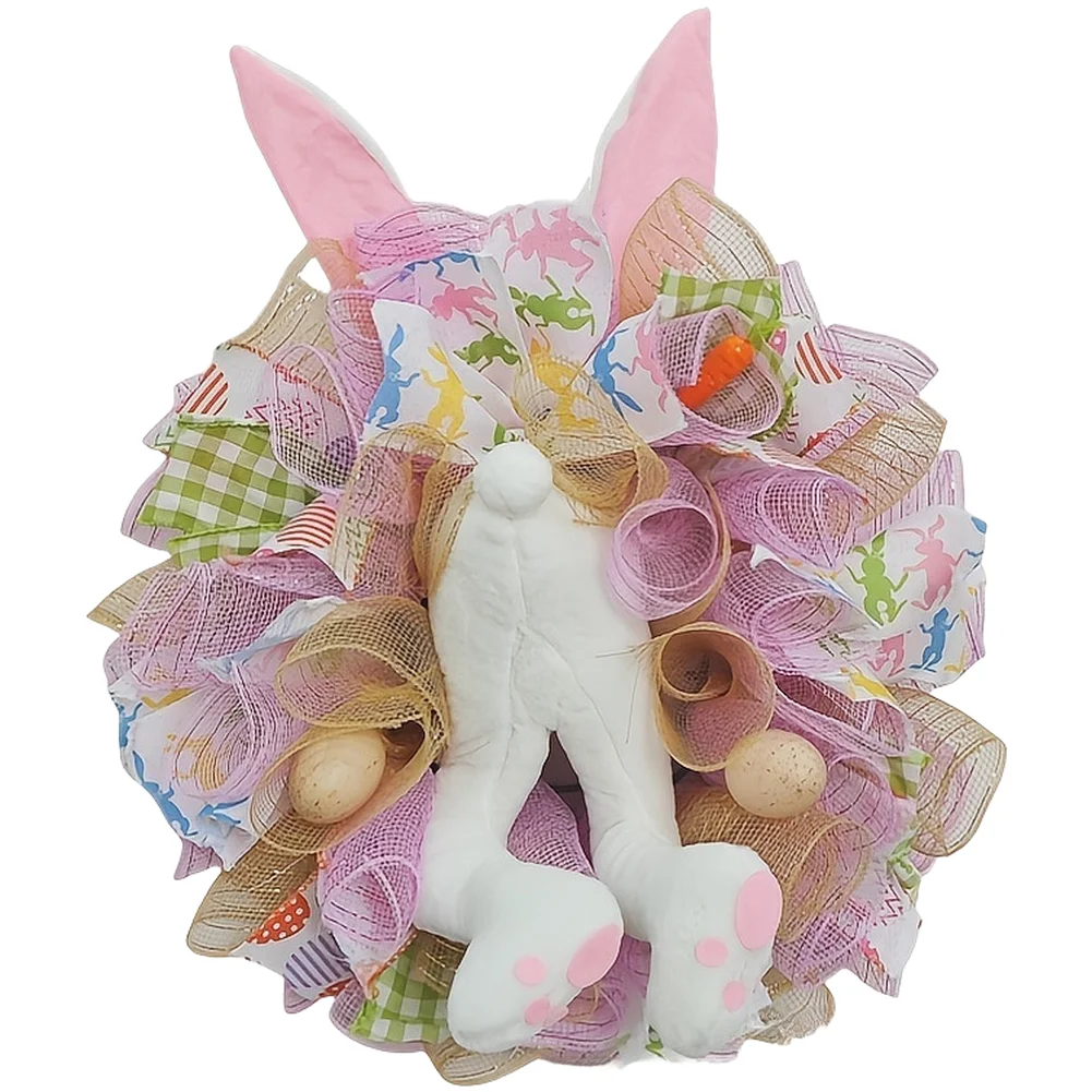 Easter Themed Bunny Door Wreath with Handmade Ribbon and Decorative Rabbit Bottom Design Colorful Hanging Decor