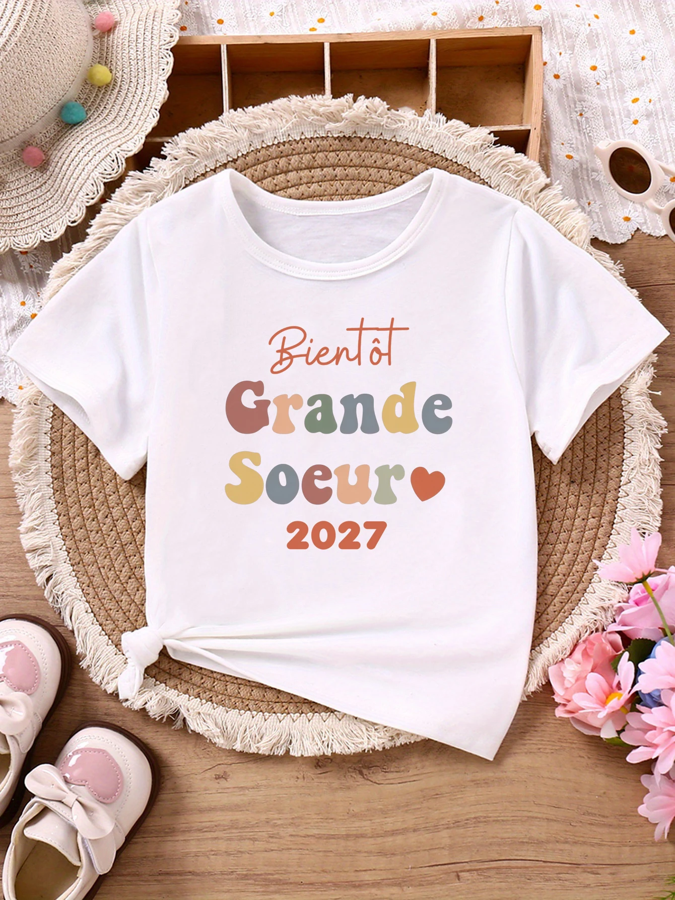 Retro Soon Big Sister 2027 Heart Printed T Shirt Girls Kawaii Kids Clothes T-Shirt Pregnancy Announcement T-Shirt
