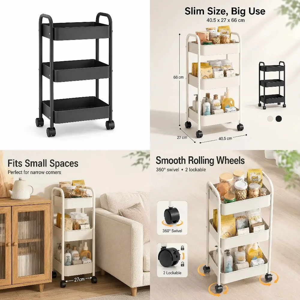 3-Tier Slim Rolling Storage Cart, 66 cm High Metal Utility Trolley for Kitchen, Bathroom and Laundry Room