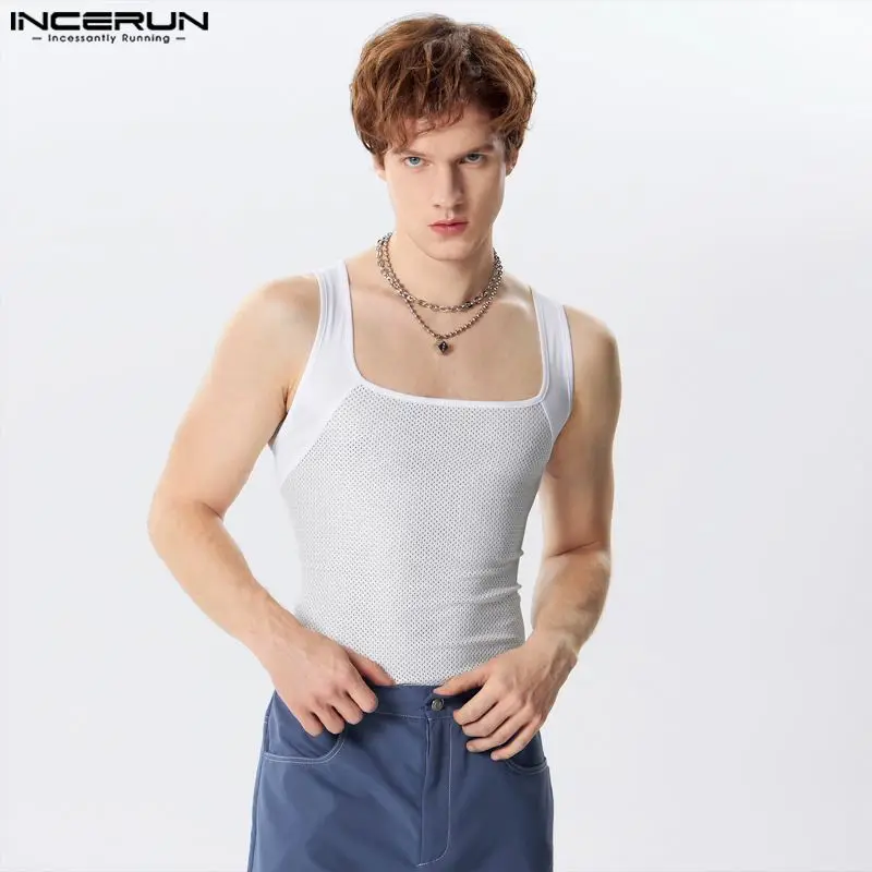 2024 Men Tank Tops Patchwork O-neck Sleeveless Skinny Male Vests Streetwear Hollow Out Summer Fashion Men Clothing S-5XL INCERUN